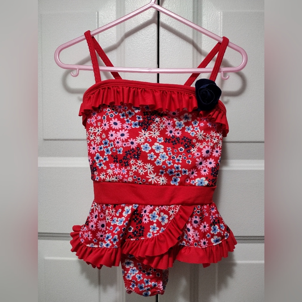 Lily & Dan Red Floral Bathing suit 2T